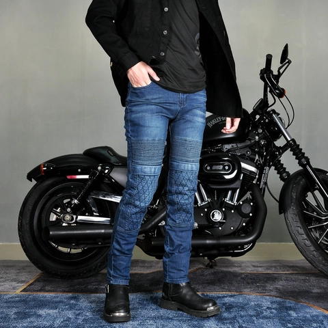Jeans da Moto da Uomo in Cotone Cordura Retrò Slim Lavato Pantaloni da Equitazione con Protezioni Rimovibili Blu Scuro