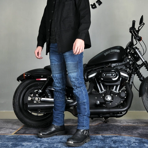 Jeans da Moto da Uomo in Cotone Cordura Retrò Slim Lavato Pantaloni da Equitazione con Protezioni Rimovibili Blu Scuro