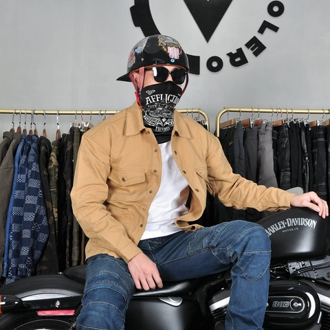 Chaqueta de Moto Retro para Hombre Protectora Resistente al Viento Casual Mezcla de Algodón Ropa de Trabajo Camisa de Manga Larga con Protecciones