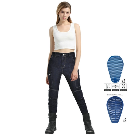 Pantaloni da Moto da Donna in Denim ad Alta Elasticità con Protezioni Rimovibili Slim Fit Retro da Ciclismo