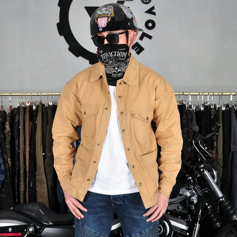 Chaqueta de Moto Retro para Hombre Protectora Resistente al Viento Casual Mezcla de Algodón Ropa de Trabajo Camisa de Manga Larga con Protecciones