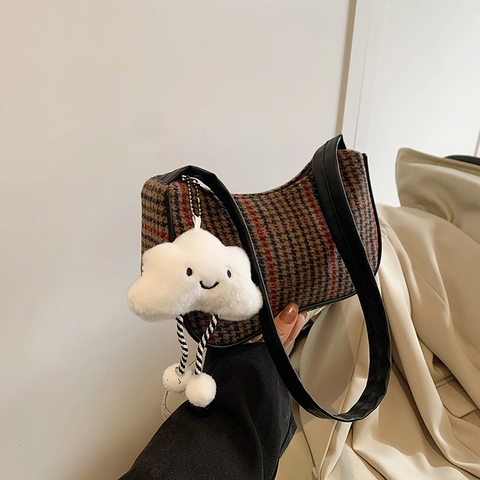 Women Vintage Houndstooth Underarm Bag With Cloud Pendant Retro Tweed Shoulder Bag Fashion Checkered Hobo Handbag Commute Bag