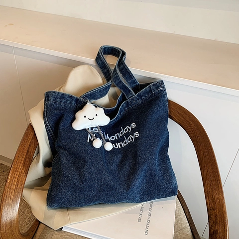 Vintage Denim Canvas Tote Bag Large Capacity Embroidered Shoulder Bag For Women Casual Commuter Student Handbag Daily Tote