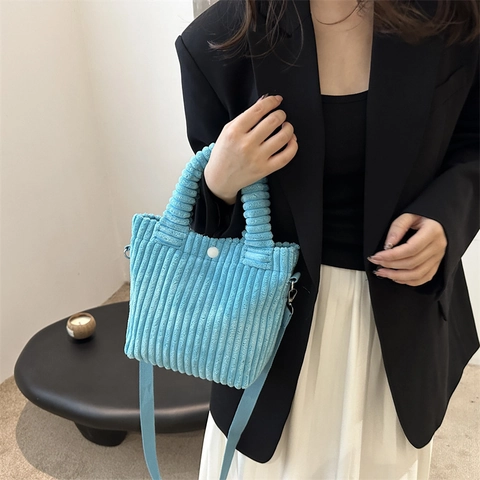 Women Casual Corduroy Bucket Bag Pleated Handle Adjustable Strap Small Tote Shoulder Crossbody Bag For Daily Commuting