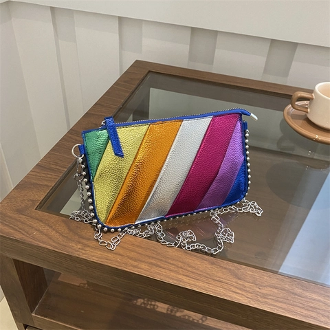 Metallic Rainbow Envelope Bag Colorful PU Leather Crossbody With Silver Chain Strap Rivet Decor For Women Fashion
