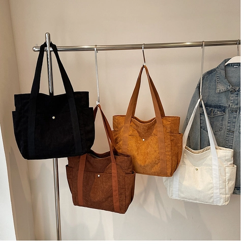 Women's Large Capacity Corduroy Tote Bag Vintage Simple Minimalist Shoulder Bag Solid Color Casual Shopper Handbag For Daily Work