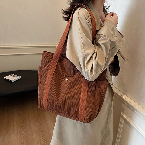 Women Large Capacity Corduroy Tote Bag Casual Shoulder Bag With Exterior Pockets Retro Soft Handbag Solid Color Daily Shopper