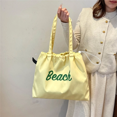 Large Capacity Women's Polyester Drawstring Tote Bag Casual Letter Print Beach Shoulder Bag Portable Simple Lightweight Handbag