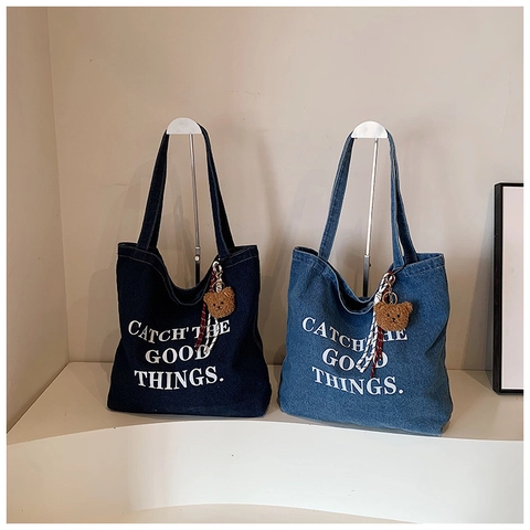 Women Casual Denim Tote Bag Large Capacity Shoulder Bag With Bear Charm Letter Print Daily Shopper Bag