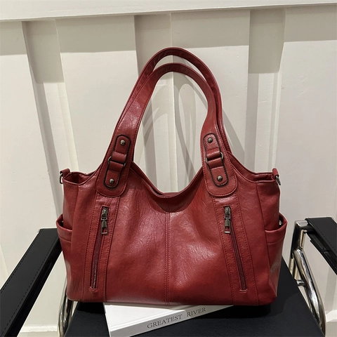 Sac Fourre-tout en Cuir PU de Grande Capacité Couleur Unie Rétro pour Femmes Sac à Épaule Minimaliste Urbain Sac à Main de Voyage