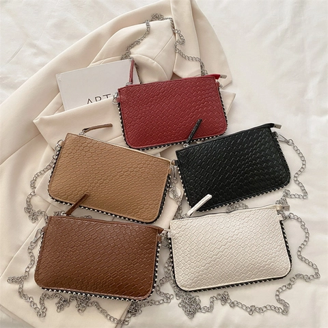 Damen Gewebte Textur PU Leder Kette Umhängetasche Kleine Schulter Messenger Tasche Mit Nieten Verzierungen Handtasche Für Den Alltag Party