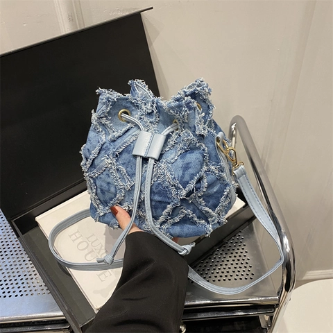 Washed Denim Bucket Bag With Frayed Edge Rhombic Pattern Drawstring Closure Crossbody Shoulder Handbag For Women