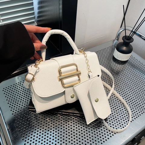 Vintage Women PU Leather Handbag With Gold Square Buckle Lychee Pattern Crossbody Bag And Small Coin Purse Satchel Bag