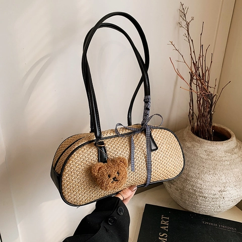 Bolso de Hombro de Paja Tejida para Mujer Gran Capacidad Playa Verano Casual Bolso de Axila Con Lazo de Cuadros y Oso