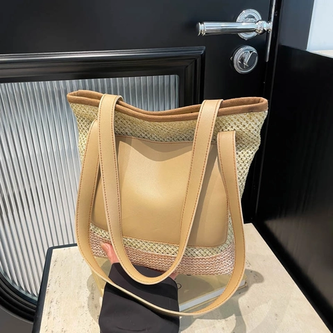Bolso Tote Informal de Paja Tejida para Mujer Con Bolsillo de Cuero Color en Contraste Vacaciones Playa Gran Capacidad