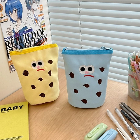 Cute Cookie Shaped Canvas Pencil Case Large Capacity Portable Storage Bag Student Stationery Organizer