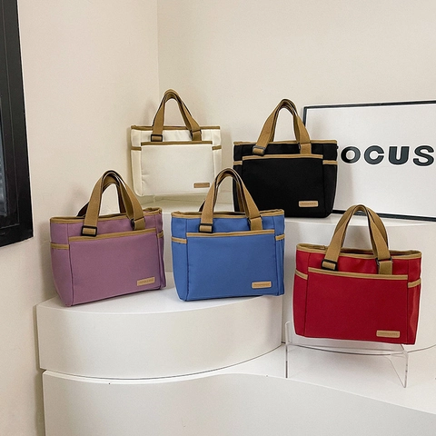 Women Canvas Tote Bag Large Capacity Casual Handbag With Adjustable Strap Color Block Shoulder Bag For Daily Commuting