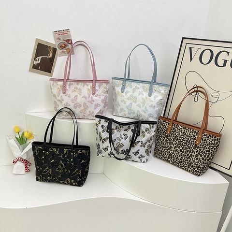 Women Casual Large Capacity Tote Bag Butterfly Jacquard Fabric Shoulder Handbag Commuting Work Bag