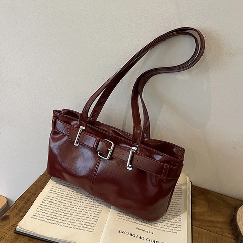 Niche Designer Vintage PU Leather Underarm Bag For Women Solid Color Metal Buckle Shoulder Handbag Daily Commuter Bag
