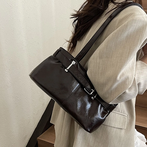 Niche Designer Vintage PU Leather Underarm Bag For Women Solid Color Metal Buckle Shoulder Handbag Daily Commuter Bag