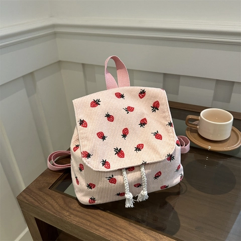 Women Mini Backpack Corduroy Strawberry Print Cute Small School Bag For Girls Drawstring Flap Casual Daypack Fashion Travel Bag