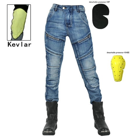 Women's Motorcycle Riding Jeans Protective Denim Pants Washed Retro Biker Trousers With Removable Pads Cotton Blend