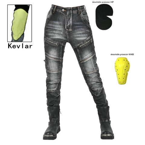 Women's Motorcycle Riding Jeans Protective Denim Pants Washed Retro Biker Trousers With Removable Pads Cotton Blend