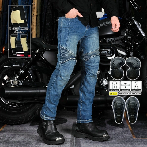 Pantaloni da Moto da Uomo Pantaloni Protettivi da Biker con Protezioni CE Misto Cotone Slim Fit Vintage Jeans da Ciclismo
