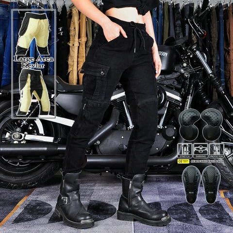 Pantaloni da Moto Protettivi da Donna Slim Fit Cargo Biker Jeans con Protezioni CE Rimovibili Polsini a Costine Pantaloni