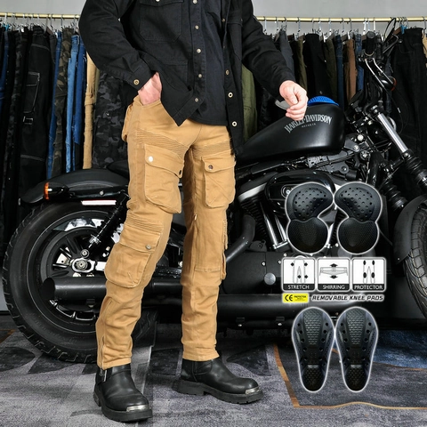 Pantalones de Moto Retro para Hombre Pantalones Cargo Con Almohadillas de Protección CE Resistentes al Desgaste Caqui Mezcla Algodón