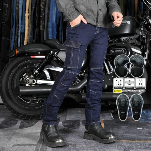 Men's Motorcycle Riding Jeans With Removable Protection Pads Slim Fit Stretch Cotton Blend Denim Retro Blue Cargo Pants
