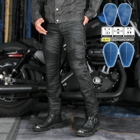 Men's Vintage Coated Motorcycle Riding Pants Slim Fit Biker Jeans Multi-Pocket Cargo Pants With Removable Silicon Guards