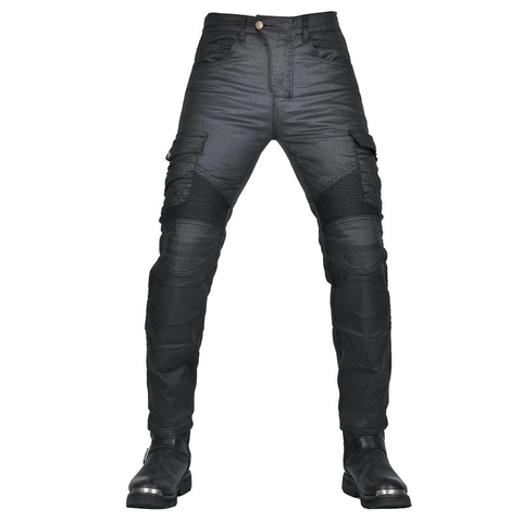 Men's Vintage Coated Motorcycle Riding Pants Slim Fit Biker Jeans Multi-Pocket Cargo Pants With Removable Silicon Guards
