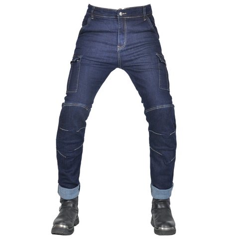 Men's Motorcycle Riding Jeans With Removable Protection Pads Slim Fit Stretch Cotton Blend Denim Retro Blue Cargo Pants