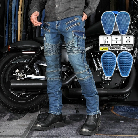 Pantaloni da Moto Protettivi in Misto Cotone Cargo da Uomo Con Protezioni CE per Ginocchia e Fianchi Vintage Lavati Biker Denim