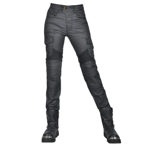 Damen Biker Motorradhose Beschichteter Memory-Look Stoff Cargo Reithose Abnehmbare Schutzpolster Raffung Ausrüstung