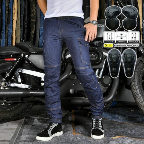 Pantaloni da Moto Retrò in Misto Cordura Vintage Blu Scuro Multitasche Cargo Jogger Con Protezioni Rimovibili