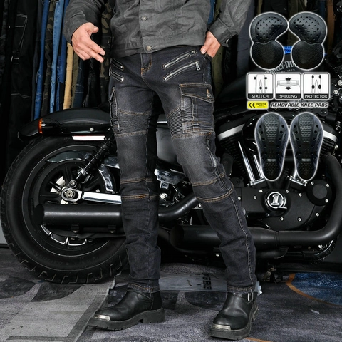 Pantalon de Moto pour Hommes Jeans de Protection Biker Avec Protections Amovibles Mélange de Coton Denim Vintage Cargo