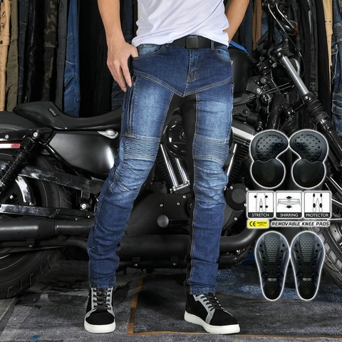 Men Motorcycle Riding Jeans Protective Breathable Washed Denim Splicing Slim Fit Pants With Removable Guards Outdoor Gear