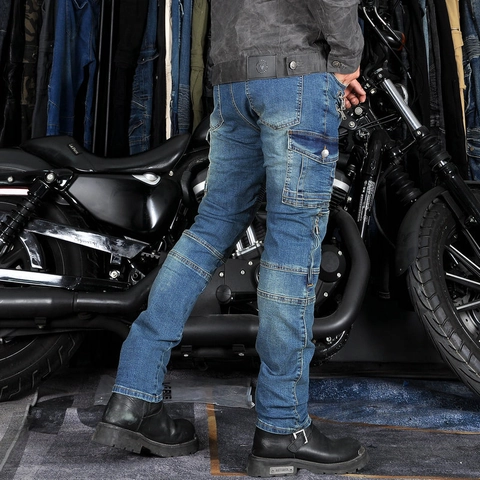 Pantaloni da Moto Protettivi in Misto Cotone Cargo da Uomo Con Protezioni CE per Ginocchia e Fianchi Vintage Lavati Biker Denim