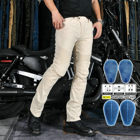 Pantalones de Equitación Retro para Hombre Mezcla de Algodón Impermeables Protectores Vaqueros de Moto Con Rodilleras de Silicona Extraíbles Blanco Roto