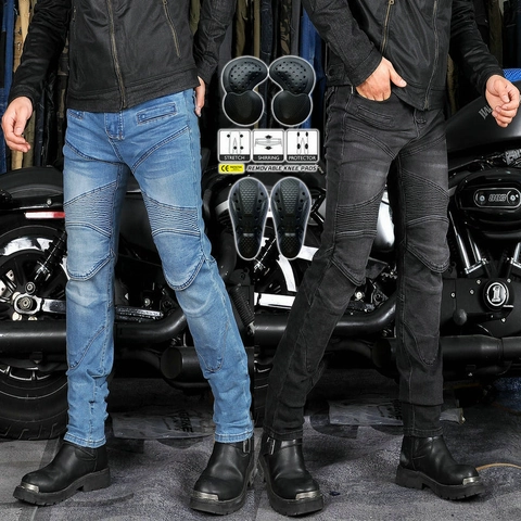 Pantaloni da Moto Protettivi da Uomo Jeans con Protezioni CE Slim Fit Elasticizzati Retro Biker Denim Lavato