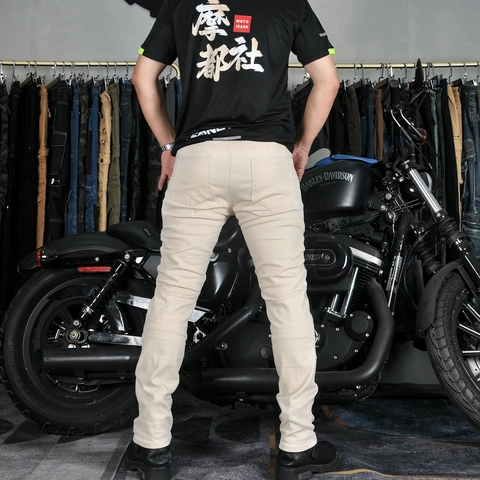 Pantalones de Equitación Retro para Hombre Mezcla de Algodón Impermeables Protectores Vaqueros de Moto Con Rodilleras de Silicona Extraíbles Blanco Roto