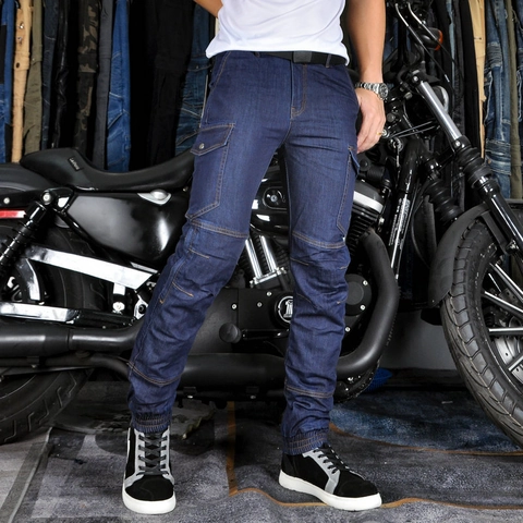 Pantaloni da Moto Retrò in Misto Cordura Vintage Blu Scuro Multitasche Cargo Jogger Con Protezioni Rimovibili
