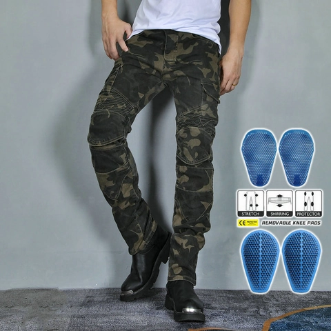 Pantaloni da Moto Mimetici Retrò da Uomo Pantaloni Cargo Tattici Resistenti all'Abrasione Con Protezioni Rimovibili