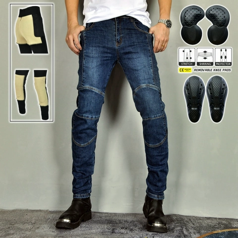 Volero Jeans da Equitazione per Moto Uomo Donna Con Protezioni CE Rimovibili Pantaloni da Motociclista in Denim Retro Distressed