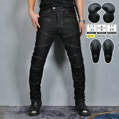 Pantaloni da Moto da Uomo in Denim Elasticizzato con Protezioni Rimovibili e Cuciture a Contrasto Modello Biker