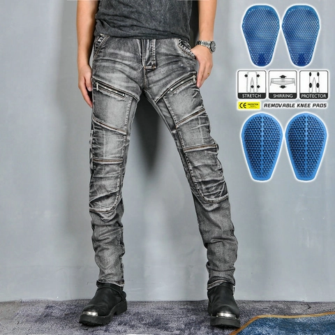 Jeans da Moto per Uomo con Fodera in Aramide Protezioni in Silicone Rimovibili Slim Fit Elasticizzati Pantaloni da Ciclista