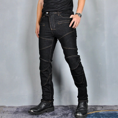 Pantaloni da Moto da Uomo in Denim Elasticizzato con Protezioni Rimovibili e Cuciture a Contrasto Modello Biker