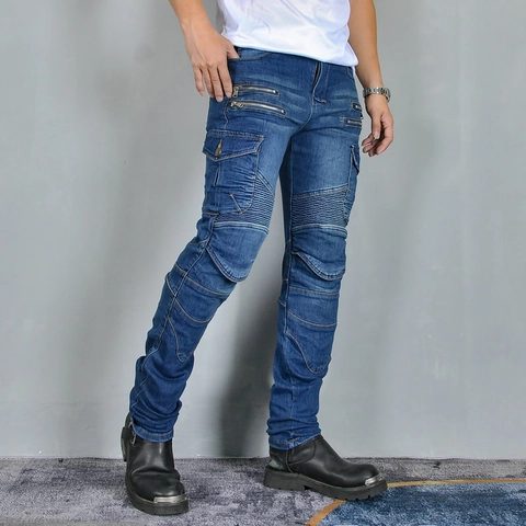 Men Retro Motorcycle Riding Jeans With Detachable CE Protective Gear Slim Fit Abrasion Resistant Anti-Tear Biker Denim Pants